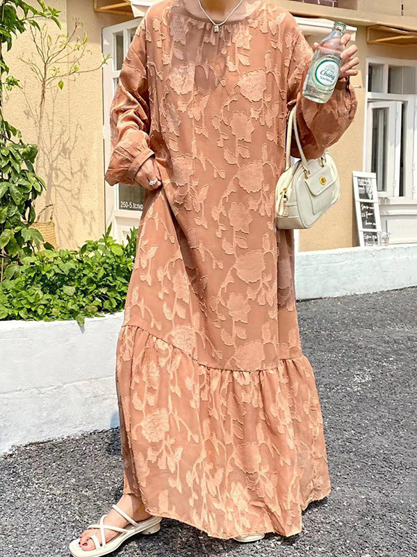 Flower Print Pleated Solid Color Split-Joint Tied Waist Long Sleeves Loose Round-Neck Maxi Dresses