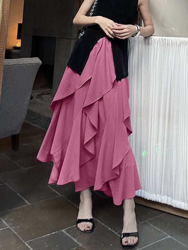Asymmetric Elasticity Falbala Solid Color Tiered A-line Loose Skirts
