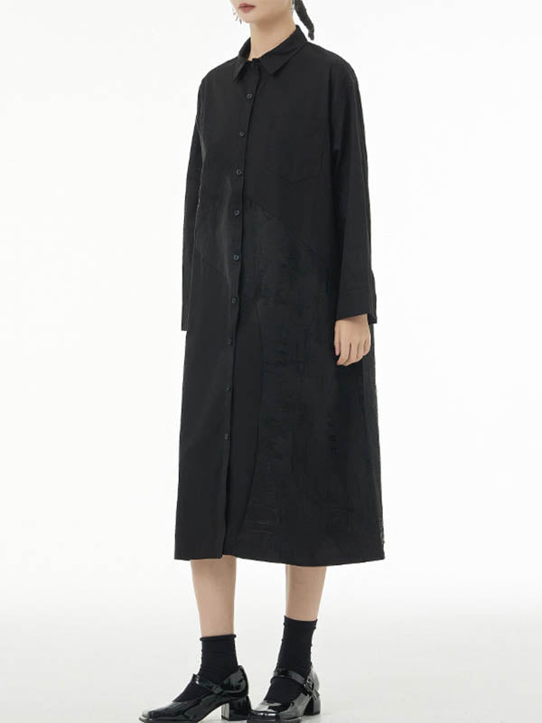 Asymmetric Buttoned Printed A-line Long Sleeves Lapel Shirt Dress Midi Dresses