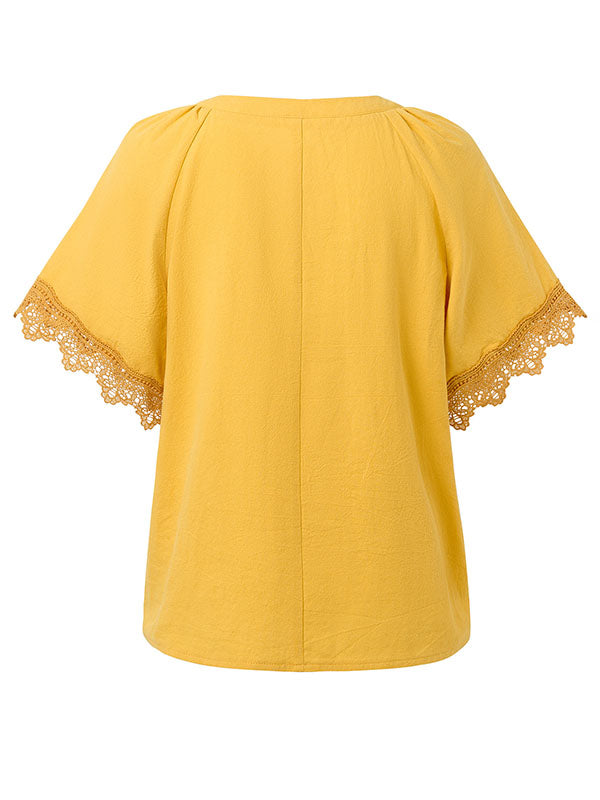 Solid Color Split-Joint Loose V-neck T-Shirts Tops