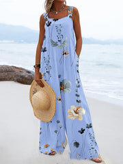 Buttoned Flower Print Pleated Pockets Split-Joint Loose Sleeveless Square-Neck Jumpsuits
