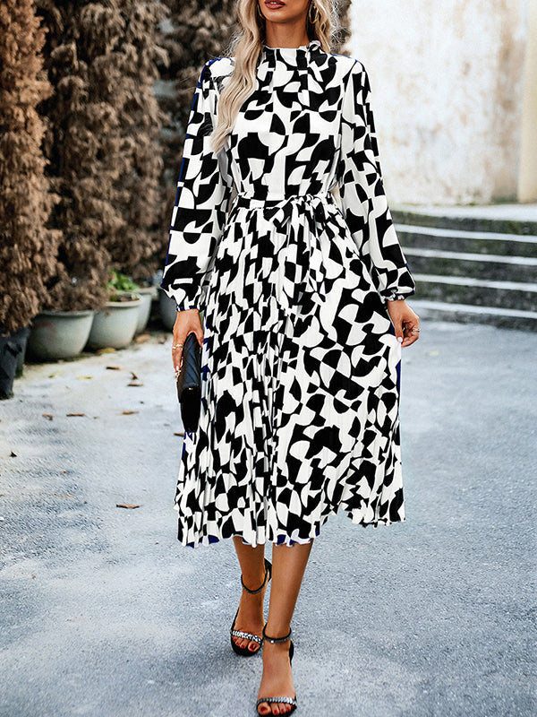 Pleated Printed Tied Waist Long Sleeves Loose Mock Neck Midi Dresses