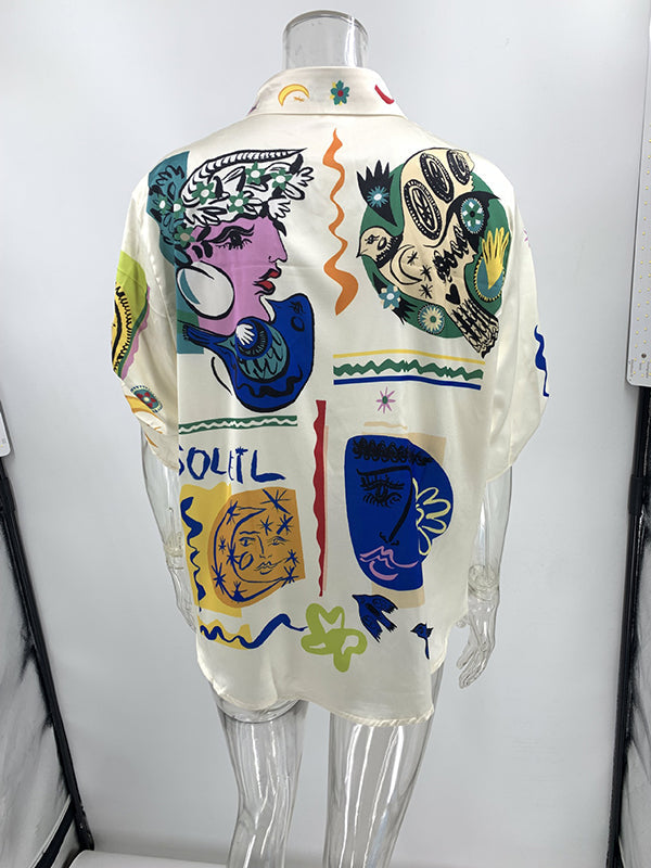 Animal Printed Buttoned Figure Half Sleeves Loose Lapel Blouses&Shirts Tops