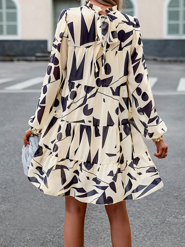 Printed Split-Joint Tied A-line High Waisted Mock Neck Mini Dresses