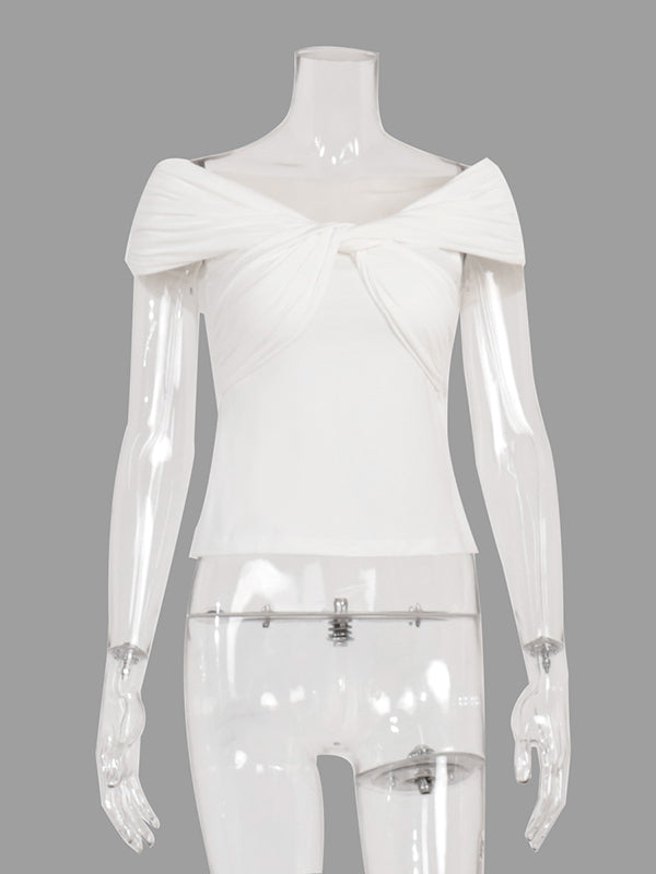 Knot Pleated Solid Color Short Sleeves Skinny Boat Neck T-Shirts Tops