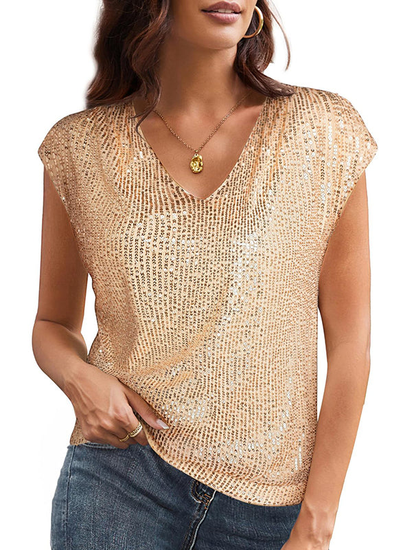 Sequined Shiny Batwing Sleeves Loose V-Neck T-Shirts Tops