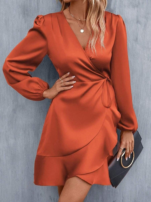 Elasticity Pleated Solid Color Split-Joint Tied High Waisted High-Low V-Neck Mini Dresses