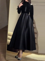 Pleated Split-Joint Zipper A-Line Long Sleeves Mock Neck Maxi Dresses