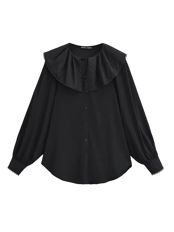 Pleated See-Through Solid Color Split-Joint Loose Puff Sleeves Peter Pan Collar Blouses&Shirts Tops