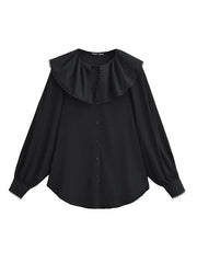Pleated See-Through Solid Color Split-Joint Loose Puff Sleeves Peter Pan Collar Blouses&Shirts Tops