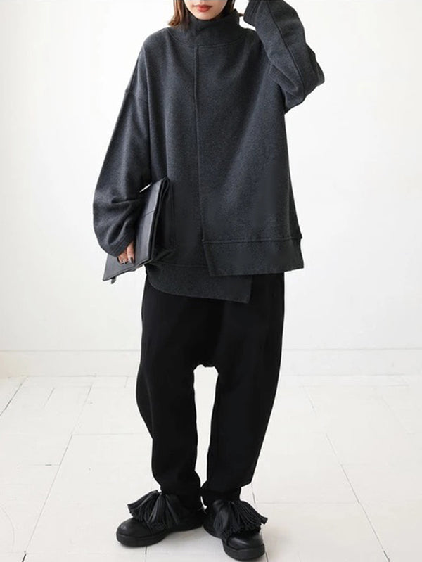 Simple Long Sleeves Loose Asymmetric Split-Joint High-Neck Sweatshirt Tops