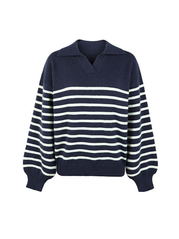 Casual Long Sleeves Loose Striped Lapel Collar Sweater Tops