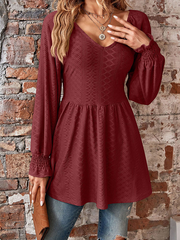 Elasticity Jacquard Pleated Solid Color Long Sleeves V-Neck T-Shirts Tops