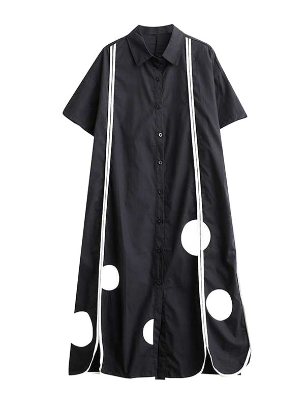 Buttoned Pockets Polka-Dot Split-Front Split-Joint A-Line Half Sleeves Lapel Shirt Dress Midi Dresses