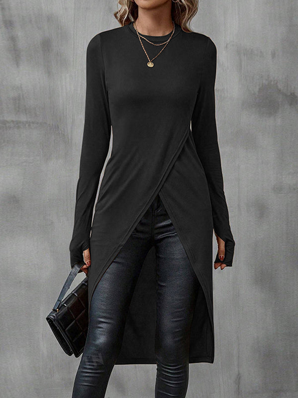 Solid Color Bodycon High-Low Round-Neck T-Shirts Tops