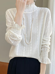Elasticity Ruffle Trim Solid Color Long Sleeves Loose Mock Neck T-Shirts Tops