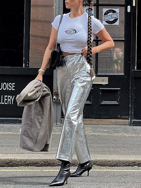 Buttoned Pockets Shiny Solid Color High Waisted Trousers Pants