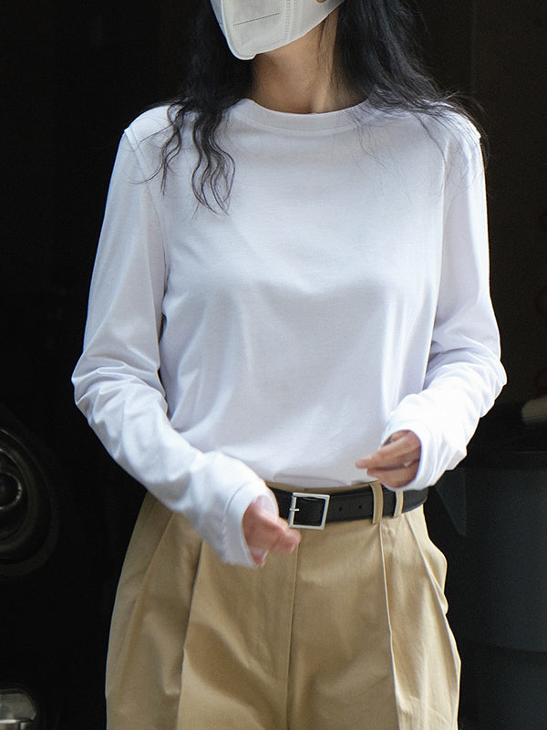 Simple Loose Long Sleeves Solid Color Round-Neck T-Shirts Tops