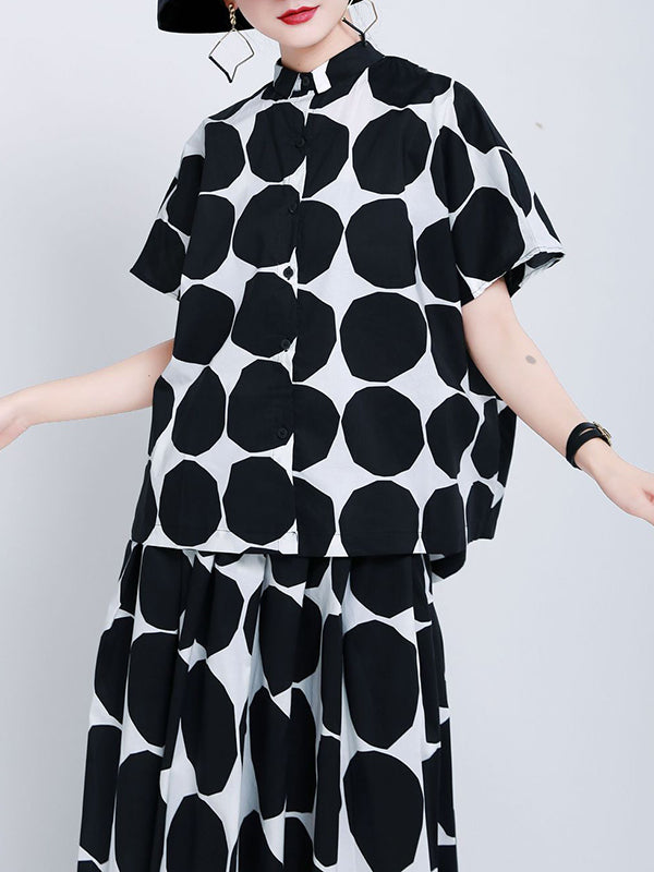 Mock Neck Buttoned Pockets Polka-Dot Blouses Top + A-Line High Waisted Skirts Bottom Two Pieces Set