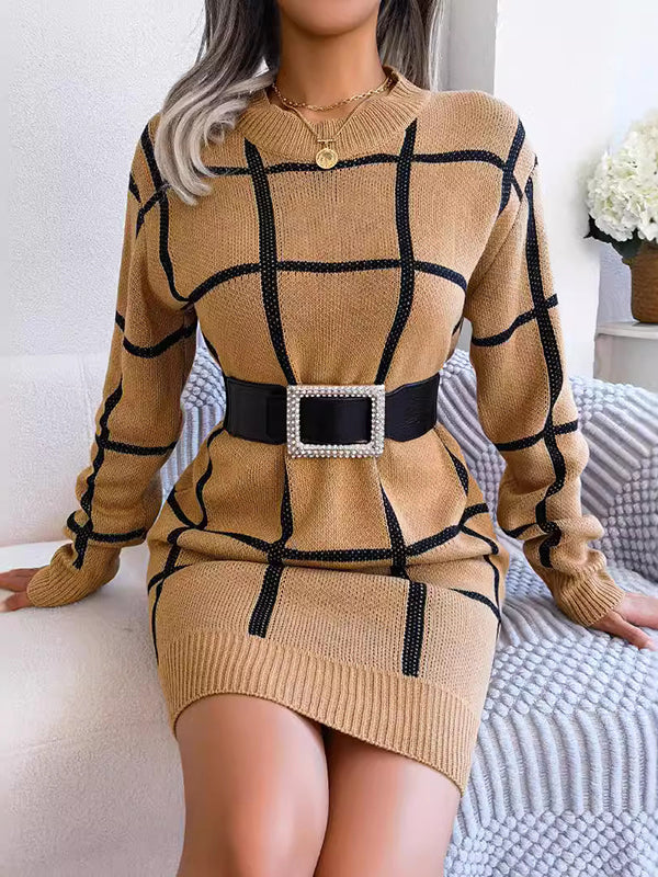 Belted Contrast Color Plaid Elasticated Waist Long Sleeves Round-Neck Sweater Dresses Mini Dresses