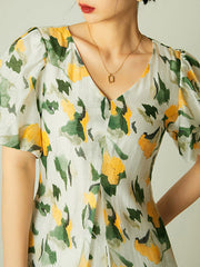 Pleated Printed Loose Puff Sleeves V-Neck Midi Dresses
