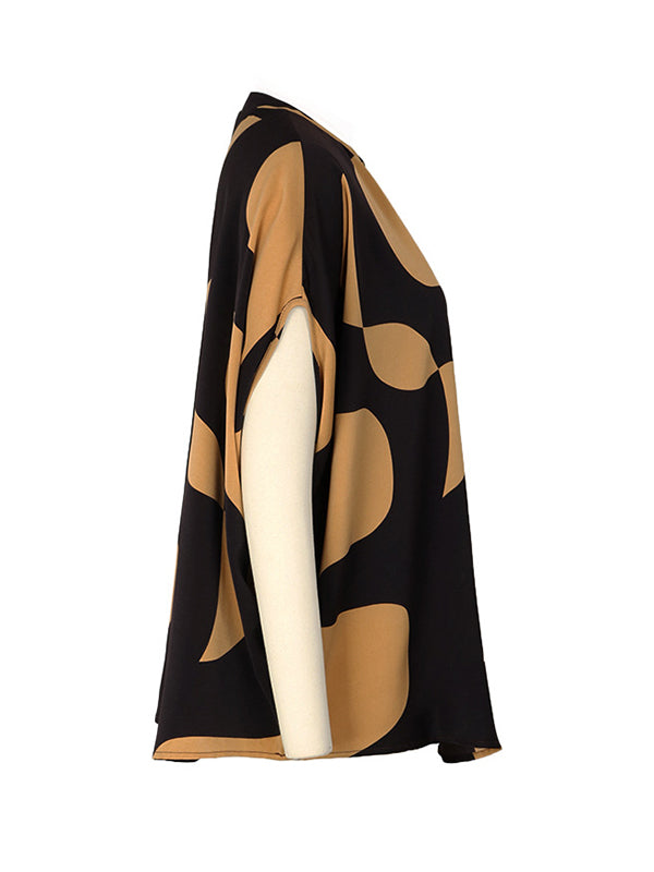 Printed Split-Joint Batwing Sleeves Loose V-Neck Blouses&Shirts Tops