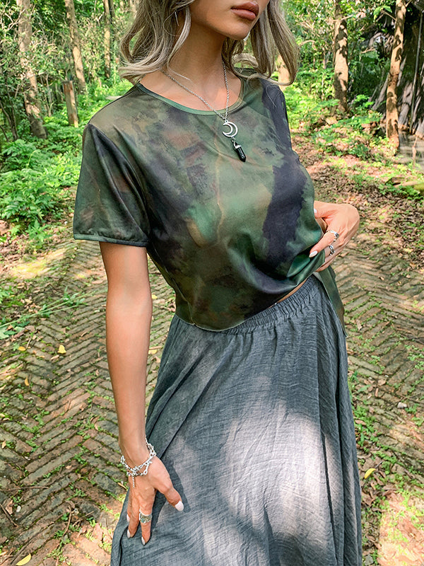 Asymmetric Split-Joint Tie-Dyed Irregular Clipping Short Sleeves Round-Neck T-Shirts