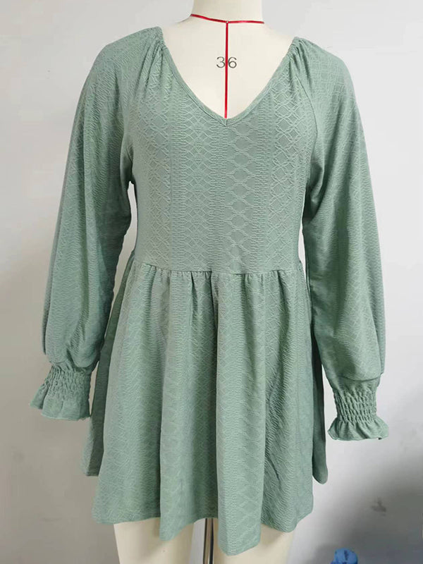 Elasticity Jacquard Pleated Solid Color Long Sleeves V-Neck T-Shirts Tops