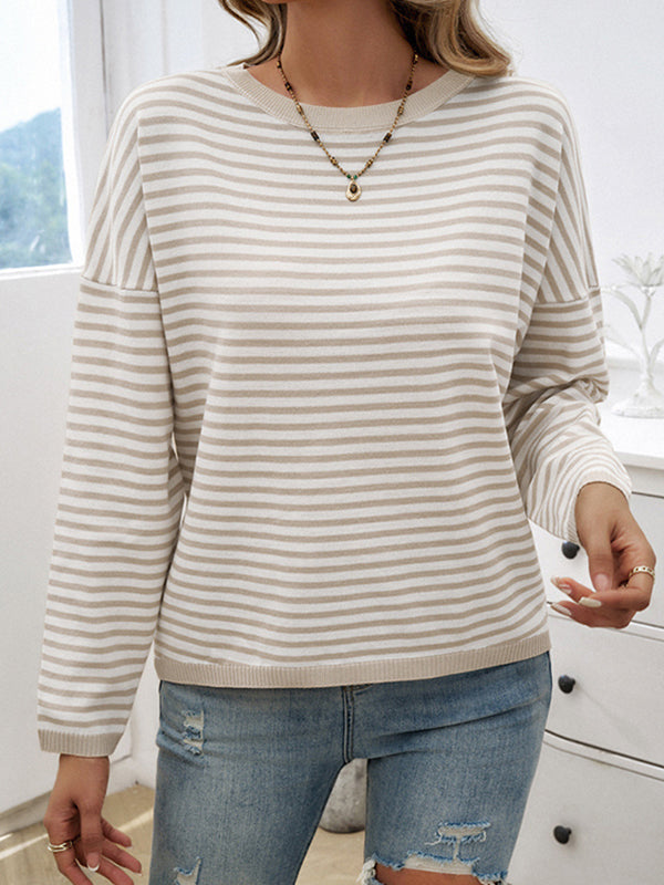 Split-Joint Striped Long Sleeves Loose Round-Neck Sweater Tops Pullovers