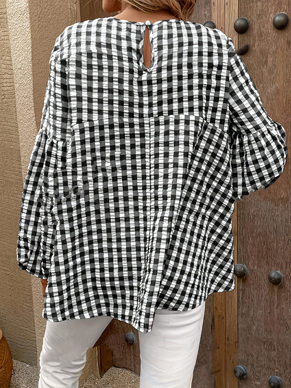 Elasticity Hollow Plaid Split-Joint Loose Puff Sleeves Round-Neck Blouses&Shirts Tops