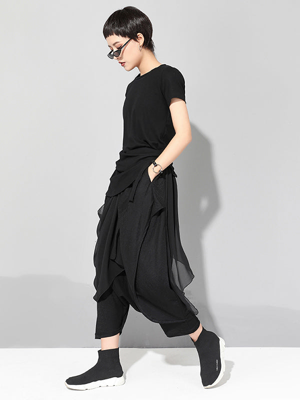 Black Asymmetric Pleats Short Sleeve Round-Neck T-Shirts