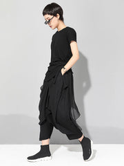 Black Asymmetric Pleats Short Sleeve Round-Neck T-Shirts
