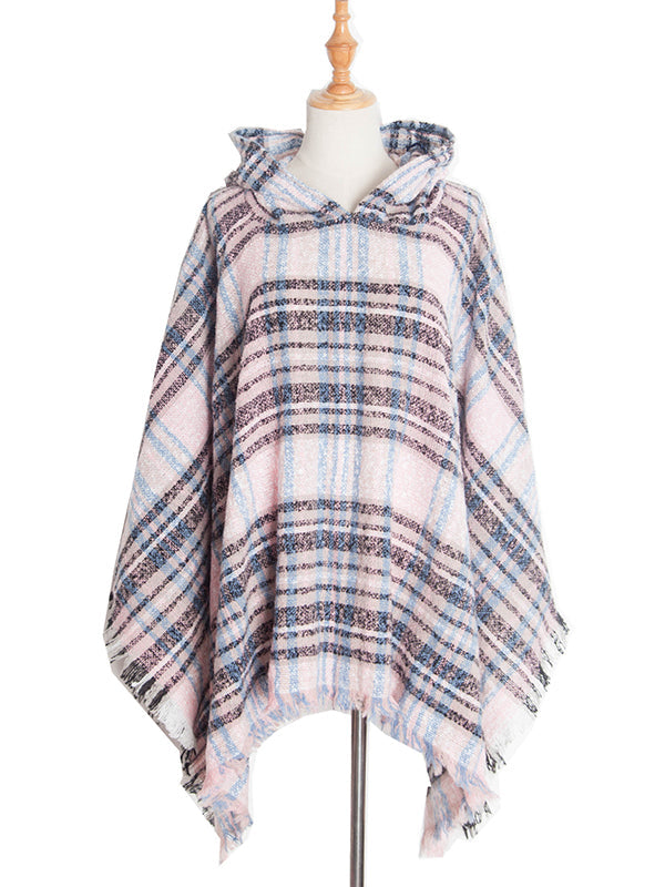 Fringed Hooded Keep Warm Plaid Shawl&Cloak Cape