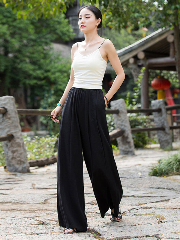 Casual Wide Leg Pleated Loose Solid Color Pants