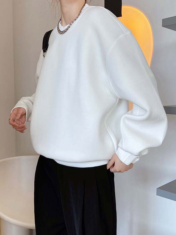 Solid Color Long Sleeves Loose Round-Neck Sweatshirt Tops