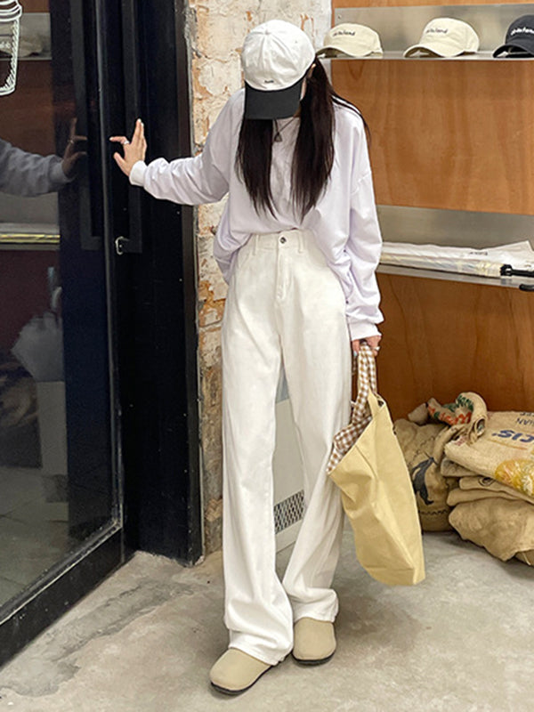 Casual High Waisted Solid Color Wide Leg Pants
