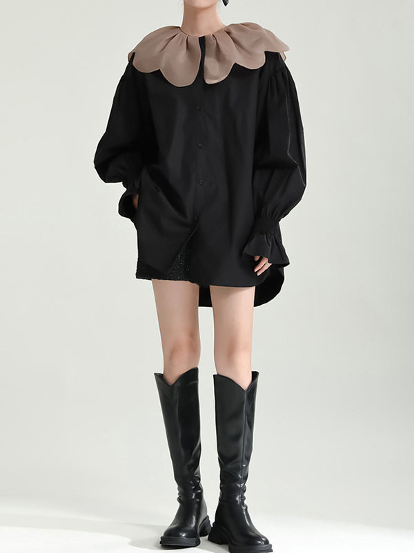 Contrast Color Elasticity Pleated Split-Joint Long Sleeves Loose Peter Pan Collar Blouses