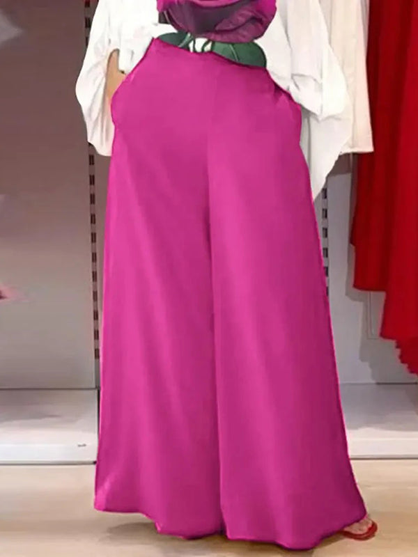 Pockets Solid Color High Waisted Loose Trousers Pants