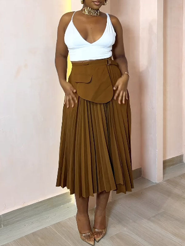 Asymmetric Pleated Solid Color Split-Joint A-Line High Waisted Skirts Bottoms