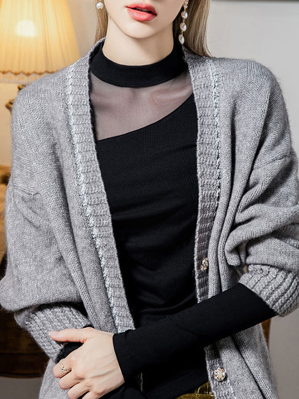 Asymmetric See-Through Solid Color Split-Front Split-Joint Long Sleeves Plus Size Round-Neck T-Shirts Tops