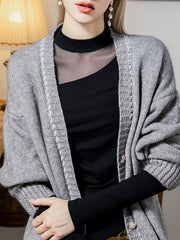 Asymmetric See-Through Solid Color Split-Front Split-Joint Long Sleeves Plus Size Round-Neck T-Shirts Tops