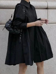 Buttoned Pleated Solid Color Long Sleeves Lapel Shirt Dress Midi Dresses