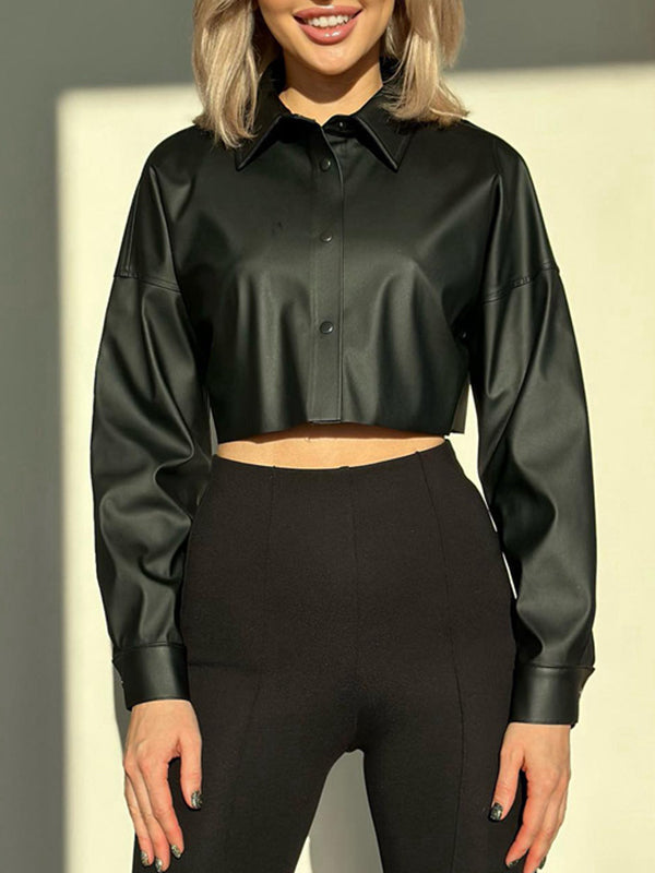 Buttoned Solid Color Long Sleeves Loose Lapel Blouses&Shirts Tops