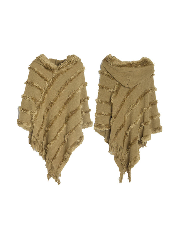 Hooded Keep Warm Solid Color Tasseled Shawl&Cloak Cape