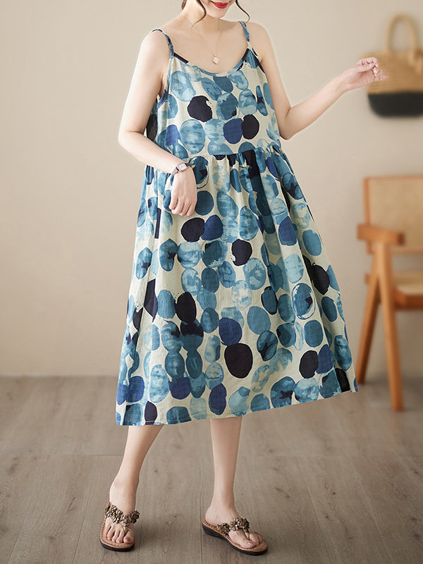 Pleated Printed Split-Joint Loose Sleeveless Spaghetti-Neck Midi Dresses