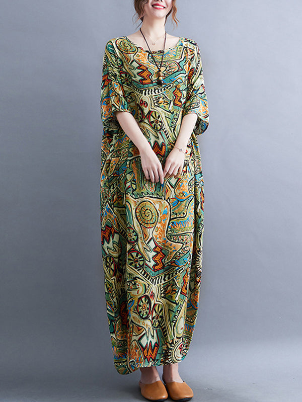 Original Artistic Retro Loose Printed Contrast Color Midi Dress