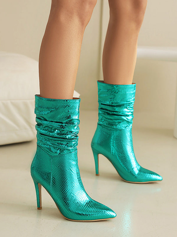 Pleated Snakeskin Printed Solid Color Split-Joint Pumps Boots