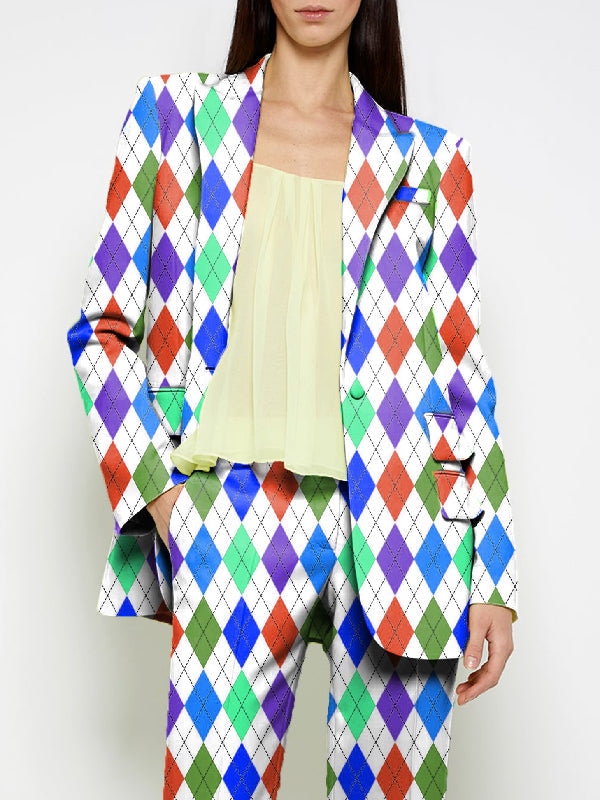 Buttoned Pockets Printed Shoulder Pad Long Sleeves Loose Notched Collar Outerwear Blazer