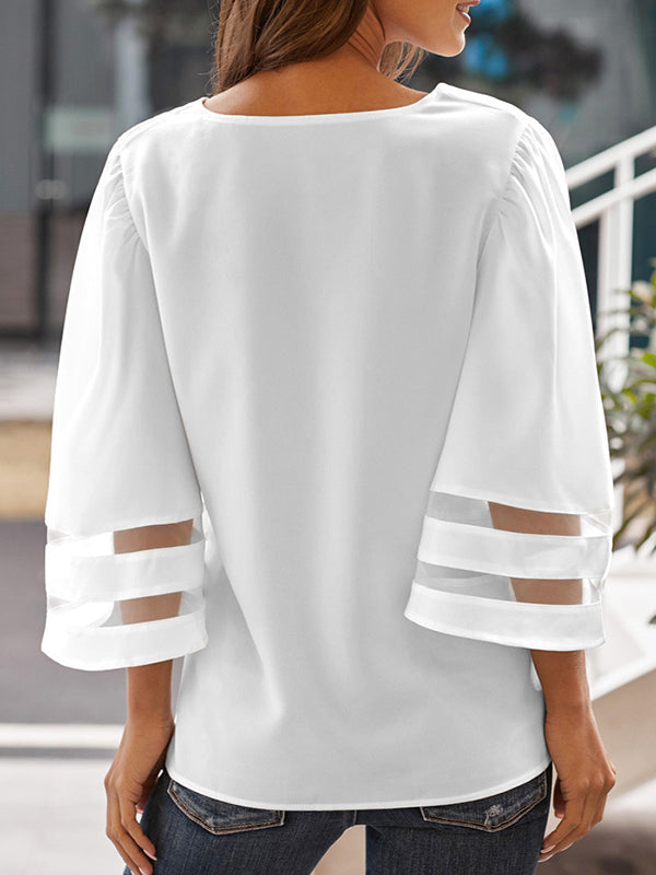 Solid Color Split-Joint Loose V-Neck T-Shirts Tops