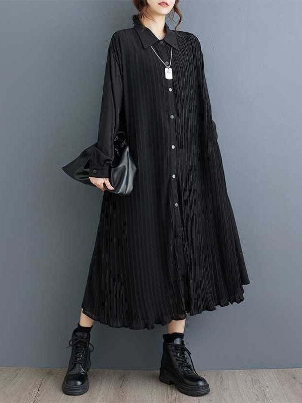 Buttoned Pleated Pockets Split-Joint A-Line Long Sleeves Lapel Shirt Dress Midi Dresses